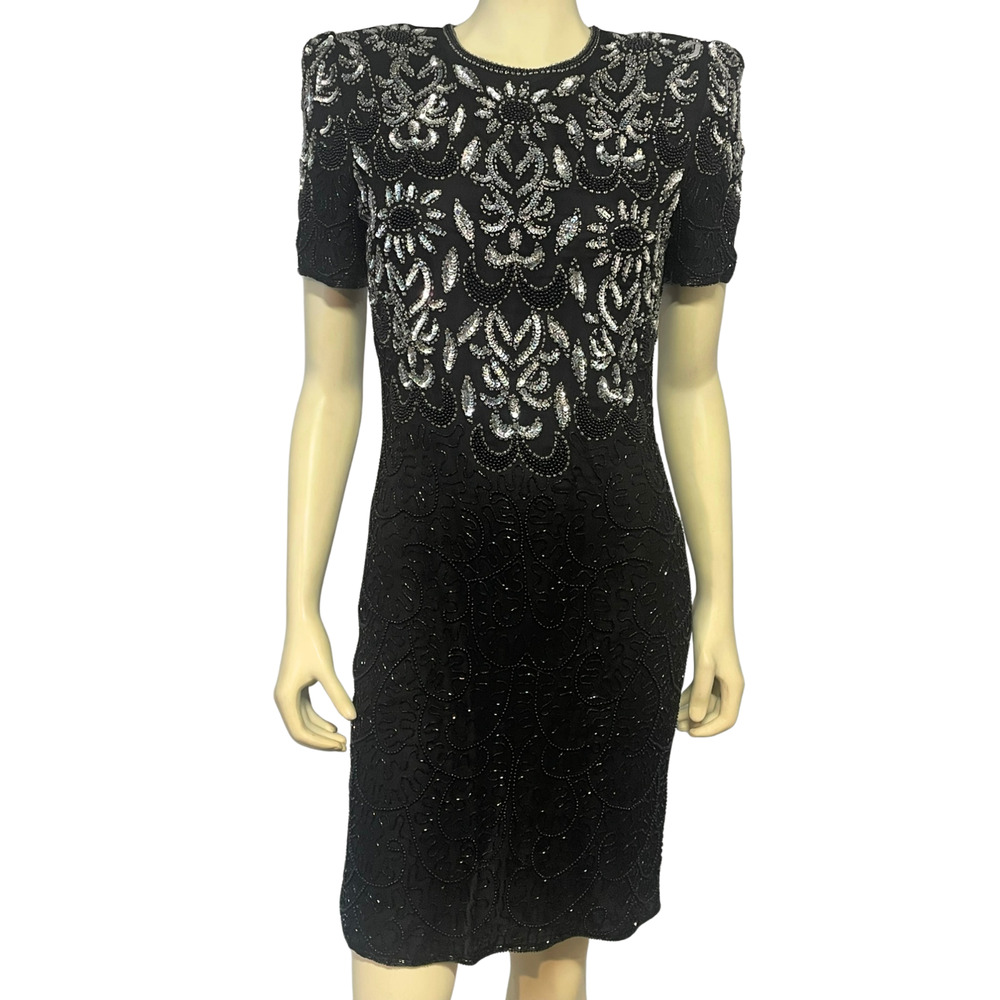 Vtg 80s Night Vogue Sz M Silver Beaded Sheath Dress Black Silk Party Eveningwear